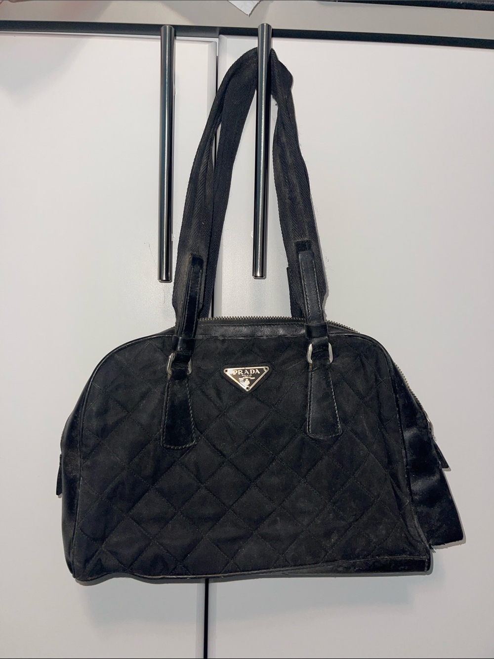 Prada Black Quilted Shoulder Tote with Silver Logo